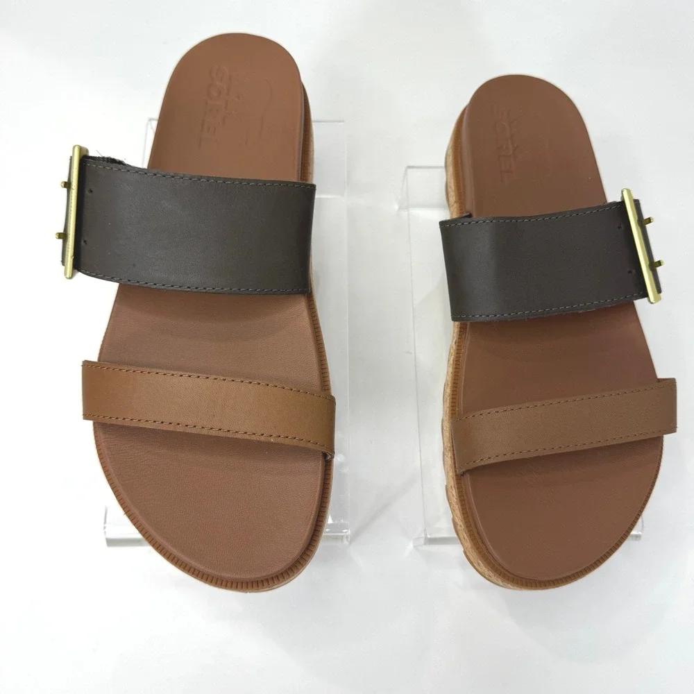 SOREL Roaming Buckle Slide Sandals Women 7.5 Velvet Tan Black Leather Minimalist